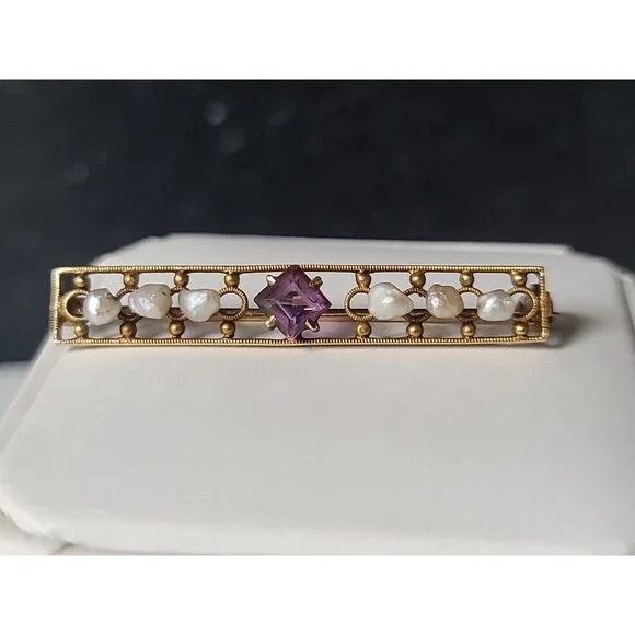 Antique 14K Yellow Gold Amethyst & Natural Pearl Bar Brooch - Picture 3 of 10